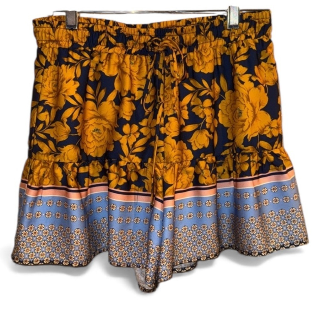 Lavender Brown Floral Shorts ruffled lined small drawstring